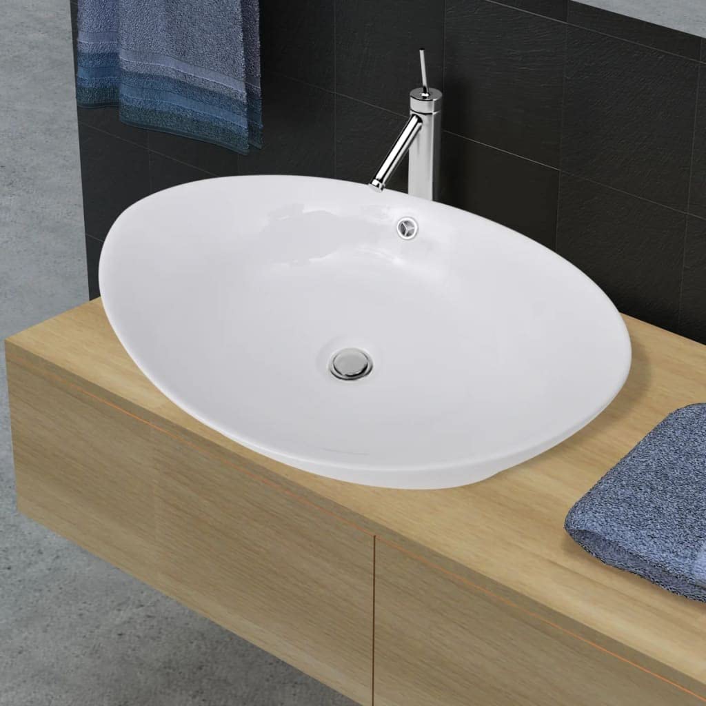 Fregadero ovalado de cerámica para baño, de alto brillo, ovalado, con rebosadero, elegante, ovalado, con orificio de rebosadero, cerámica, ovalado, 59 x 38,5 cm