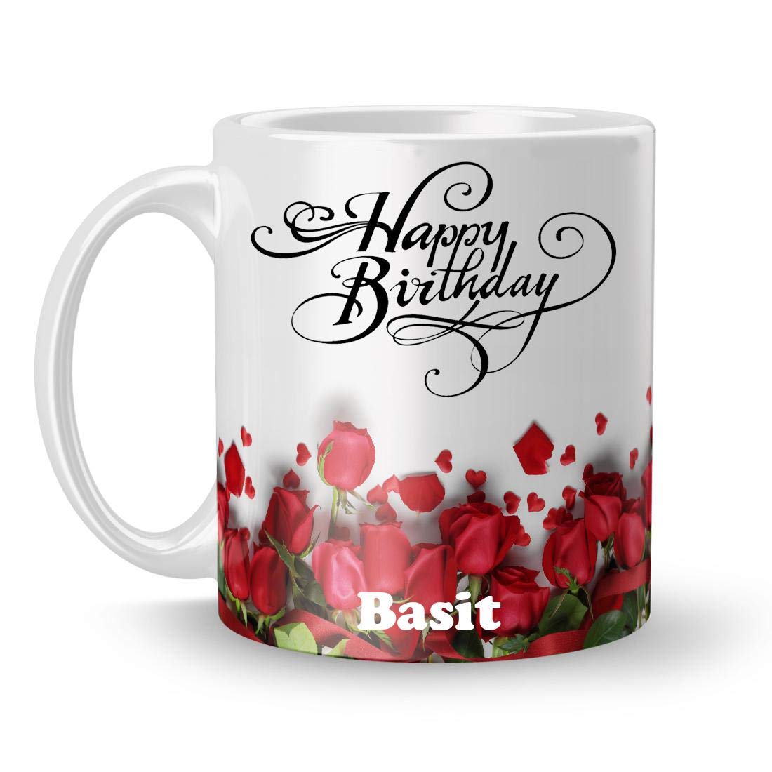 Happy Birthday Basit Printed White Ceramic Mug (350) ml