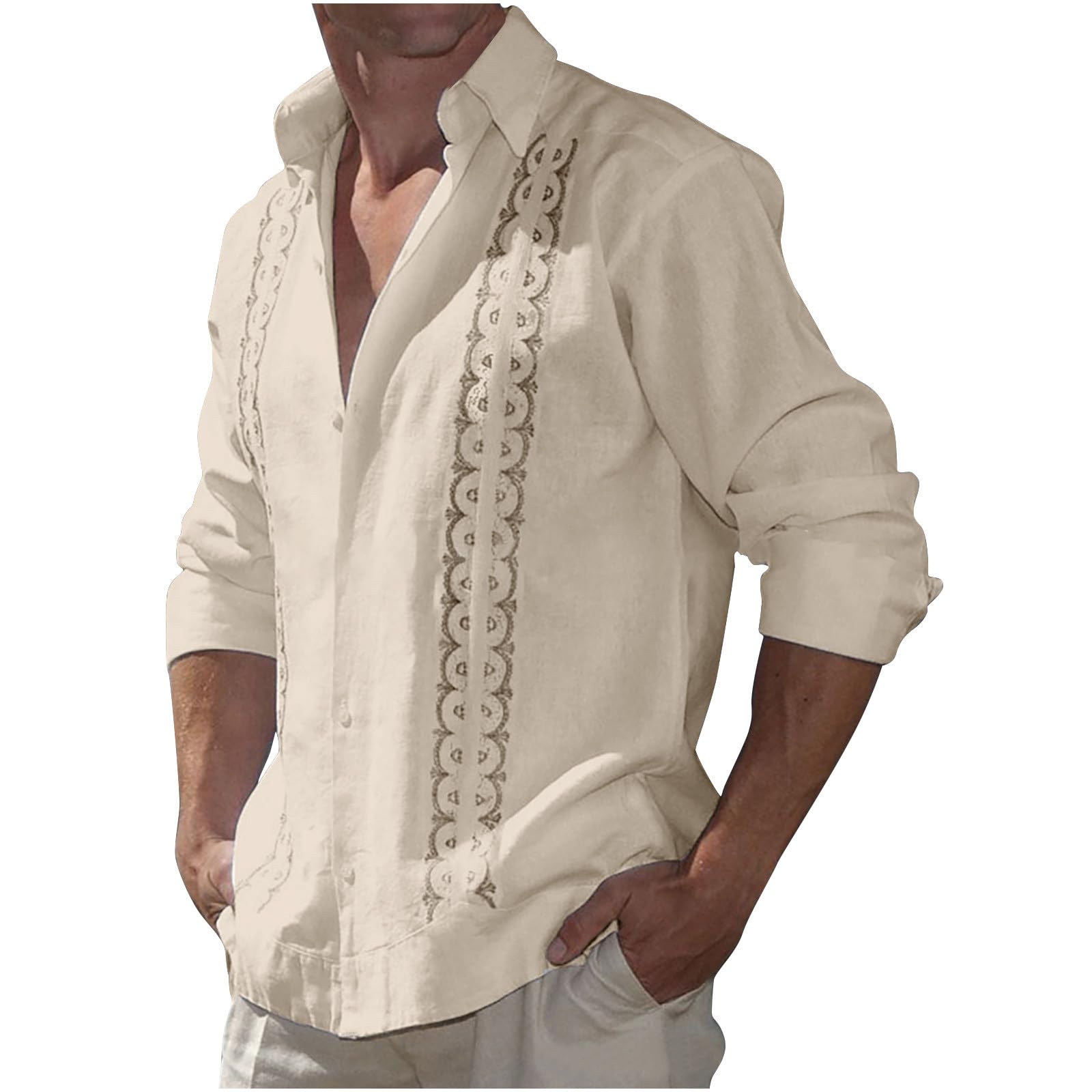 Men's Cuban Guayabera Shirts - Casual Long Sleeve Cotton Linen Button Down Shirt Summer Regular Fit Beach Tops