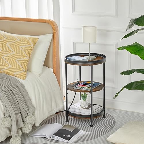 Miniatura 5 de Dulcii Mesa auxiliar redonda con estación de carga, mesa auxiliar con 3 estantes para sala de estar, mesita de noche de dormitorio para espacios