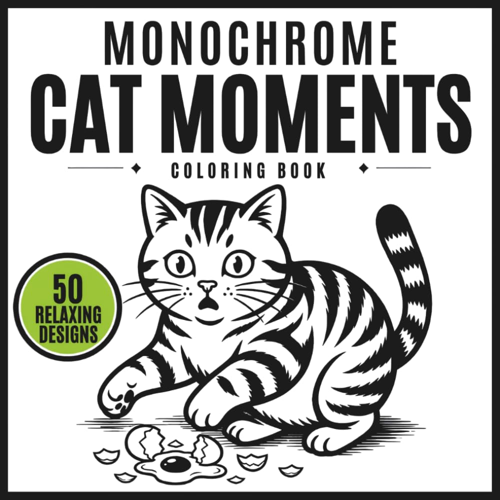 Monochrome Cat Moments Coloring Book: 50 Bold & Simple One Color Illustrations with Cute, Funny, and Relaxing Cat Scenes for Teens and Adults