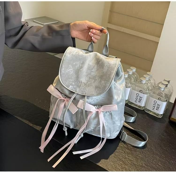 Cute Backpack Kawaii Shoulder Bag, Women Aesthetic Trendy Y2k Purse Coquette Mini Backpack Bow Tie Grunge Trendy Bag (Silver)