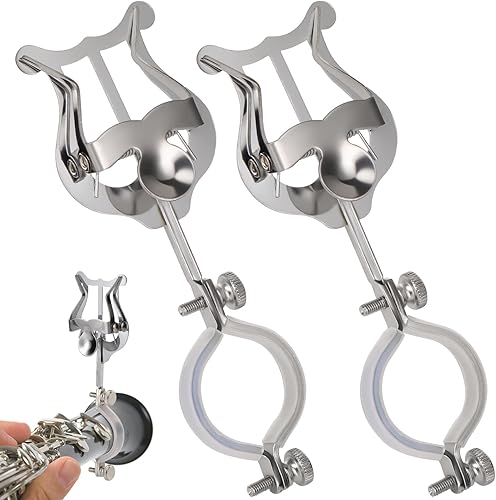 Lira de clarinete, paquete de 2 soportes plateados para clarinete para banda de marcha, clip de partitura de oboe de 6.02 pulgadas y carpeta