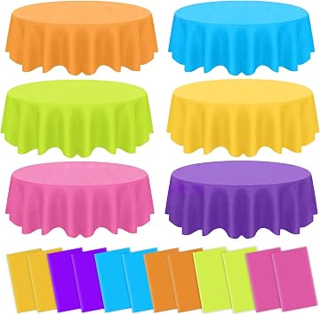 12 Pcs Assorted Color Plastic Tablecloths, Disposable Round 84 Inch Round Neon Party Table Covers for Neon Birthday Wedding Picnic Home Bridal Shower Mexican Fiesta Festival Party Decorations