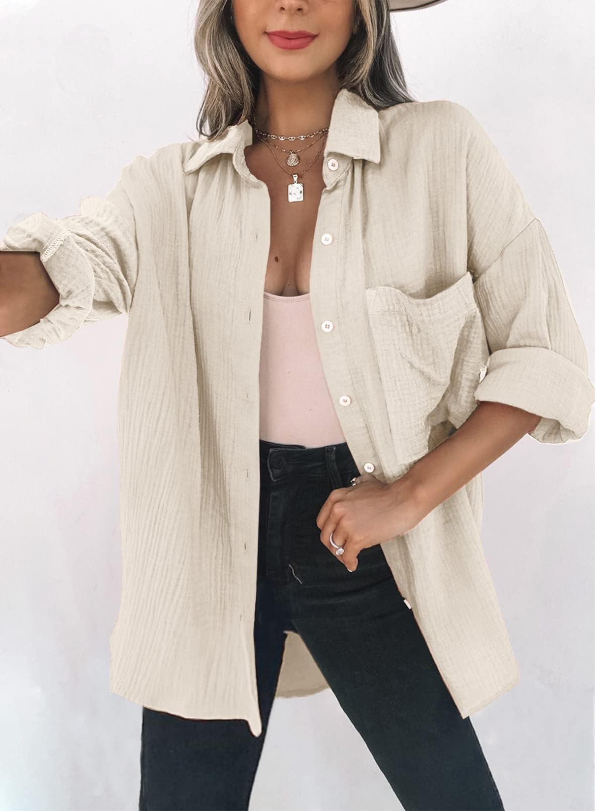 Dokotoo Bluse Damen Musselin Langarmshirt Baumwolle Lässig Oberteile Hemd Langarm Einfarbig Tops Farbblock Shirts Hemdjacke S-XXL