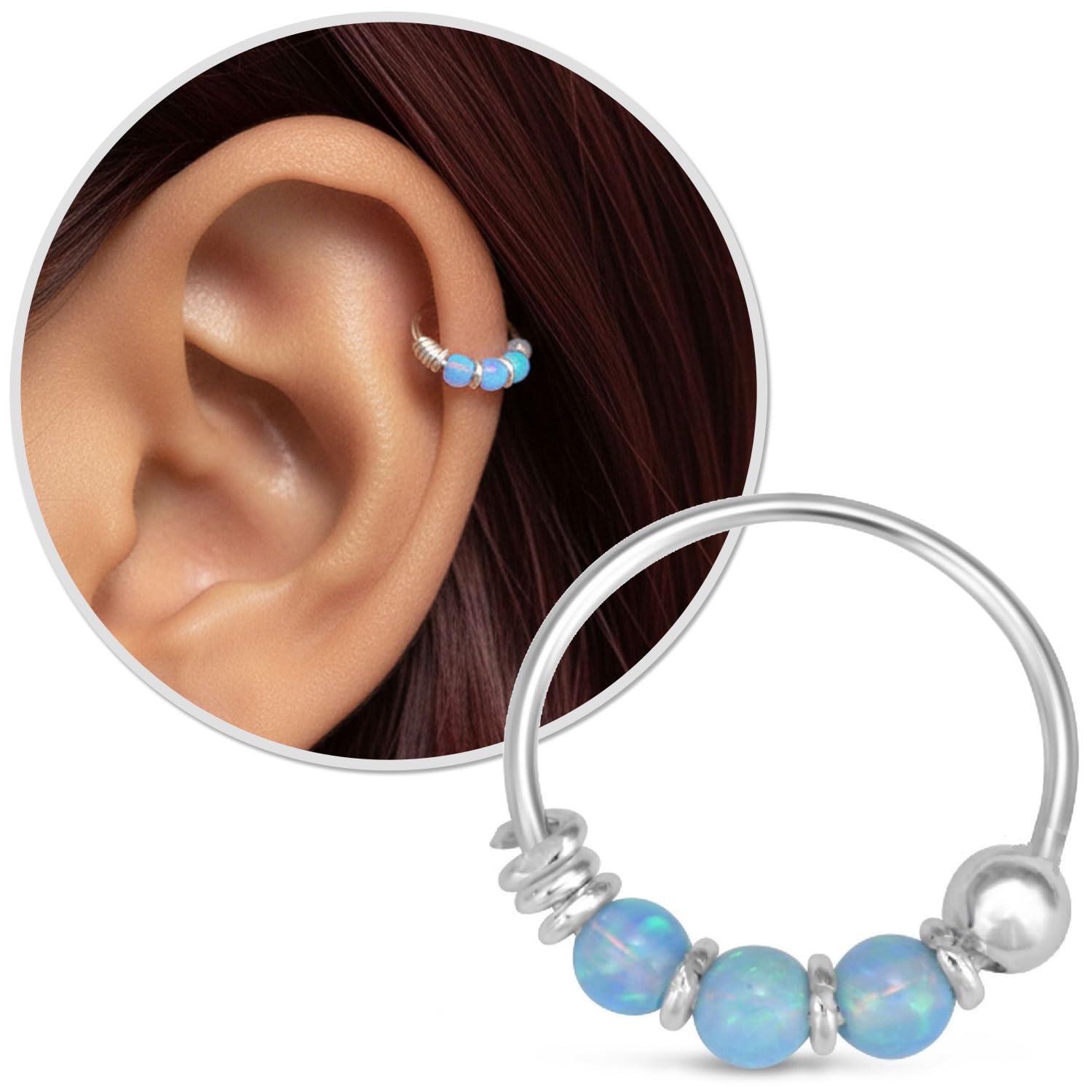 925 Sterling Silver Helix Hoop Piercing Jewelry - Cartilage Opal Hoop Earring for Women - Small 10MM Thin 22 Gauge