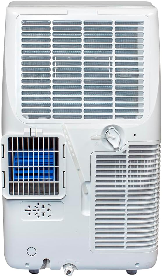 Zadní view of portable air conditioner showing air filter and drain plug