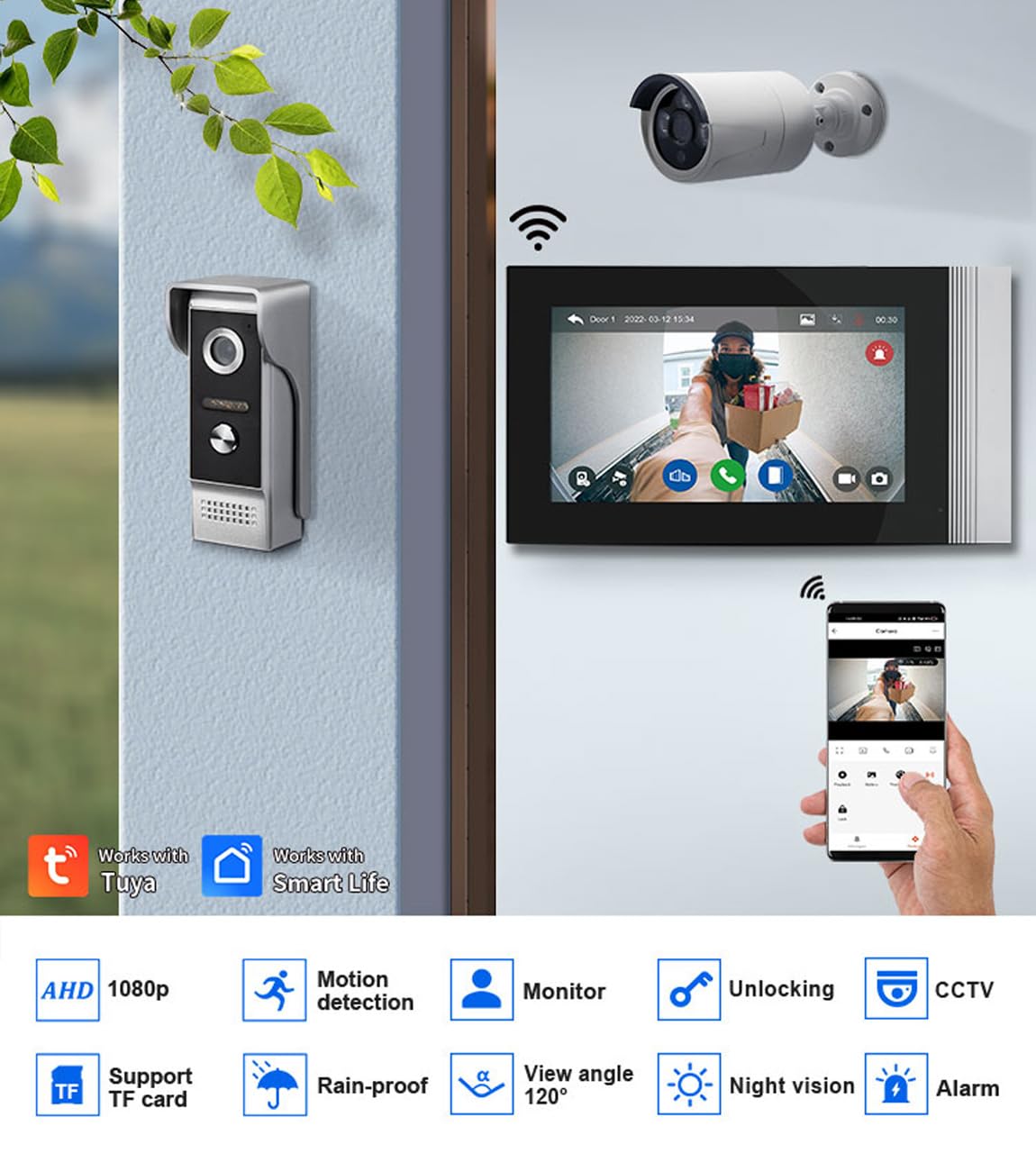 WiFi Pantalla táctil de 7 Pulgadas HD 1080p Ultrafino Inalámbrico Videoportero Timbre Video Interfono,Detección de Movimiento, Compatible con la App Tuya, Almacenamiento de Vídeo Gratuito