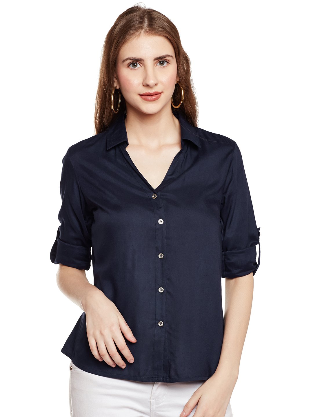 Wisstler Navy Blue Solid Viscose Full Sleeve Shirt