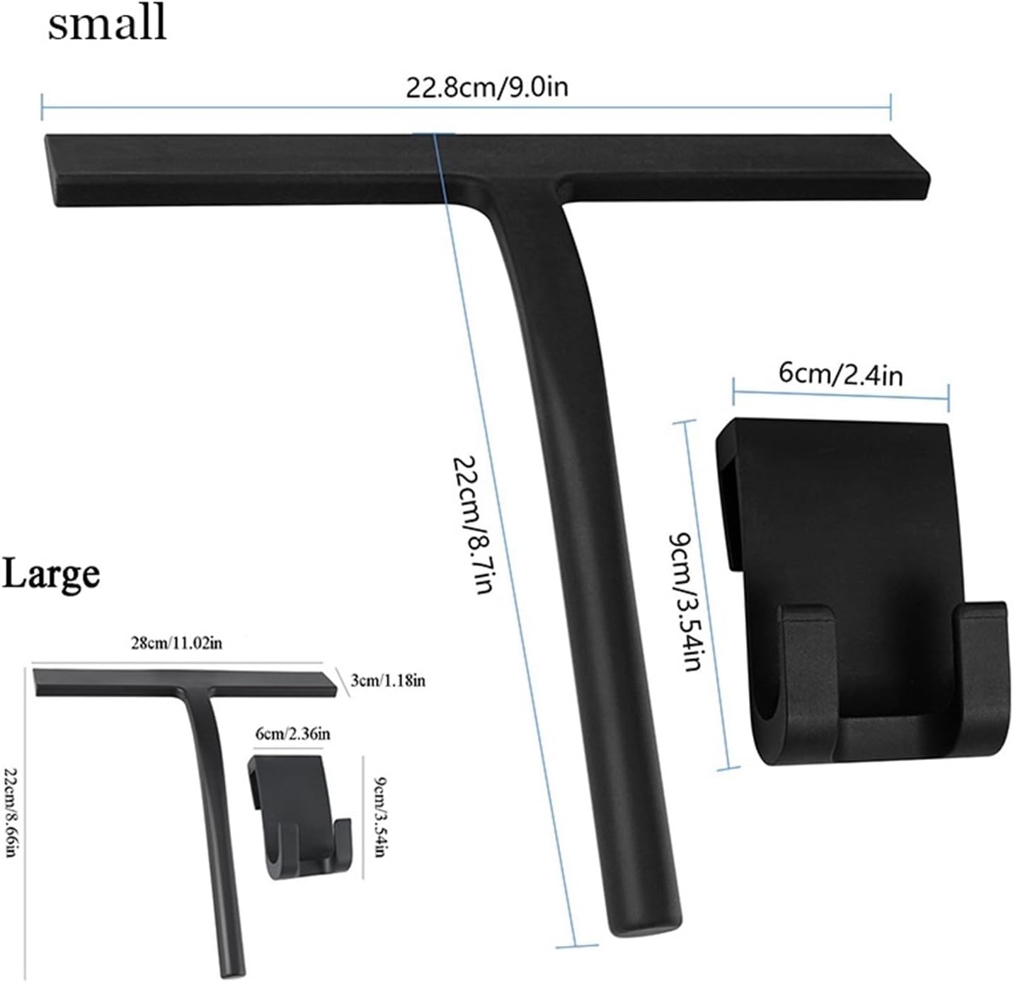 Black Silicone Shower Squeegee with Hook – 8.93-Inch Glass Cleaning Tool for Bathroom Doors, Mirrors, and Windows(Large)