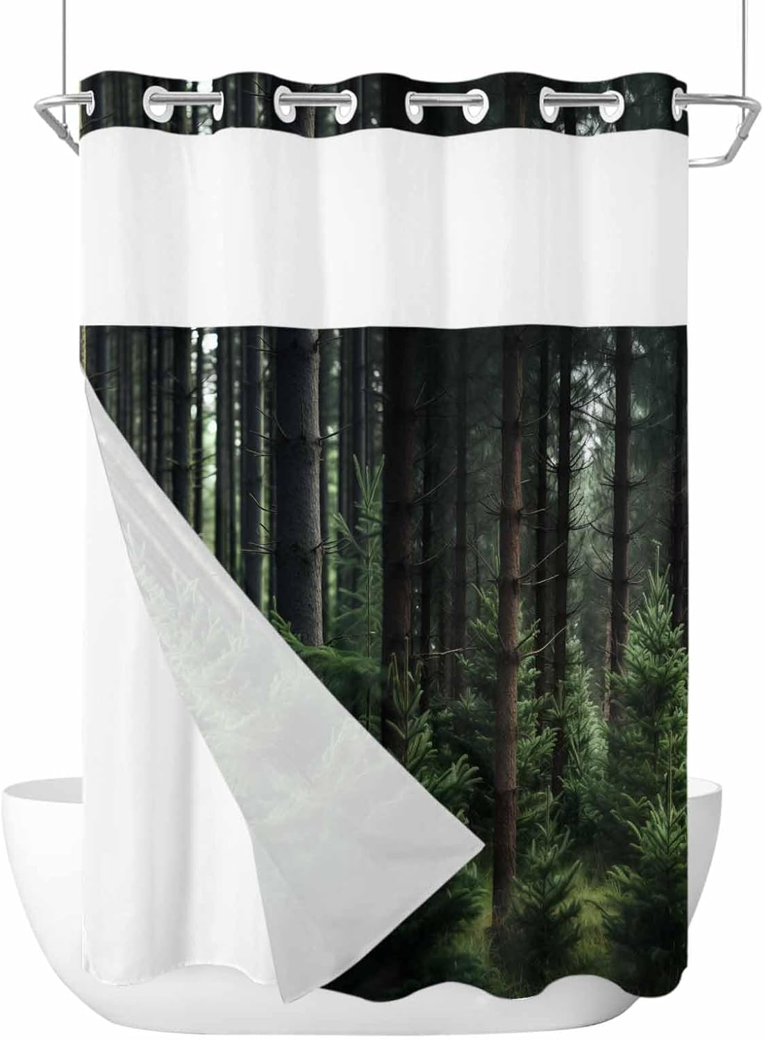 No Hook Shower Curtain and Snap in Liner Set, Green Forest Fabric Bathroom Shower Curtains 60x72 Inch, See Through Mesh Top Window, Mysterious Primitive Forest Pine Tree Hotel Style, Waterproof