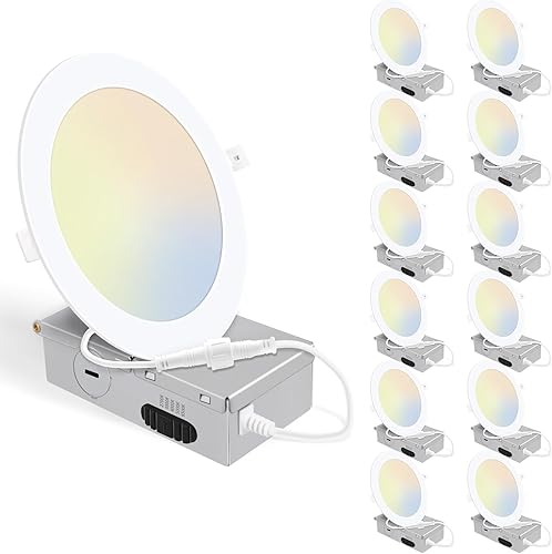 Paquete de 6 luces de techo empotrables LED ultrafinas 5CCT de 6 pulgadas con caja de conexiones, 2700K3000K4000K5000K6500K seleccionables, brillo