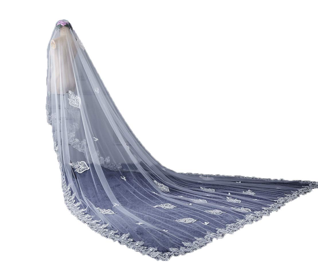 Bridal veil, 4 m lace edge, 1 layer long trailing cathedral veil butterfly lace wedding hijab straight edge