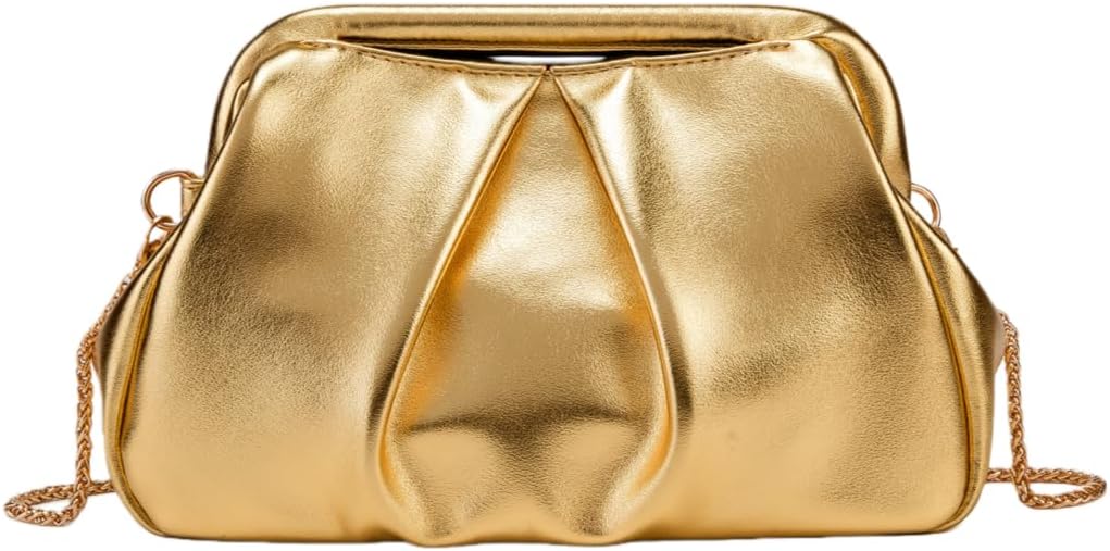 Dressy Metallic Evening Clutch Purse Bag, Ruched Pleated Design Party Handbag with Detachable Chain Crossbody Strap