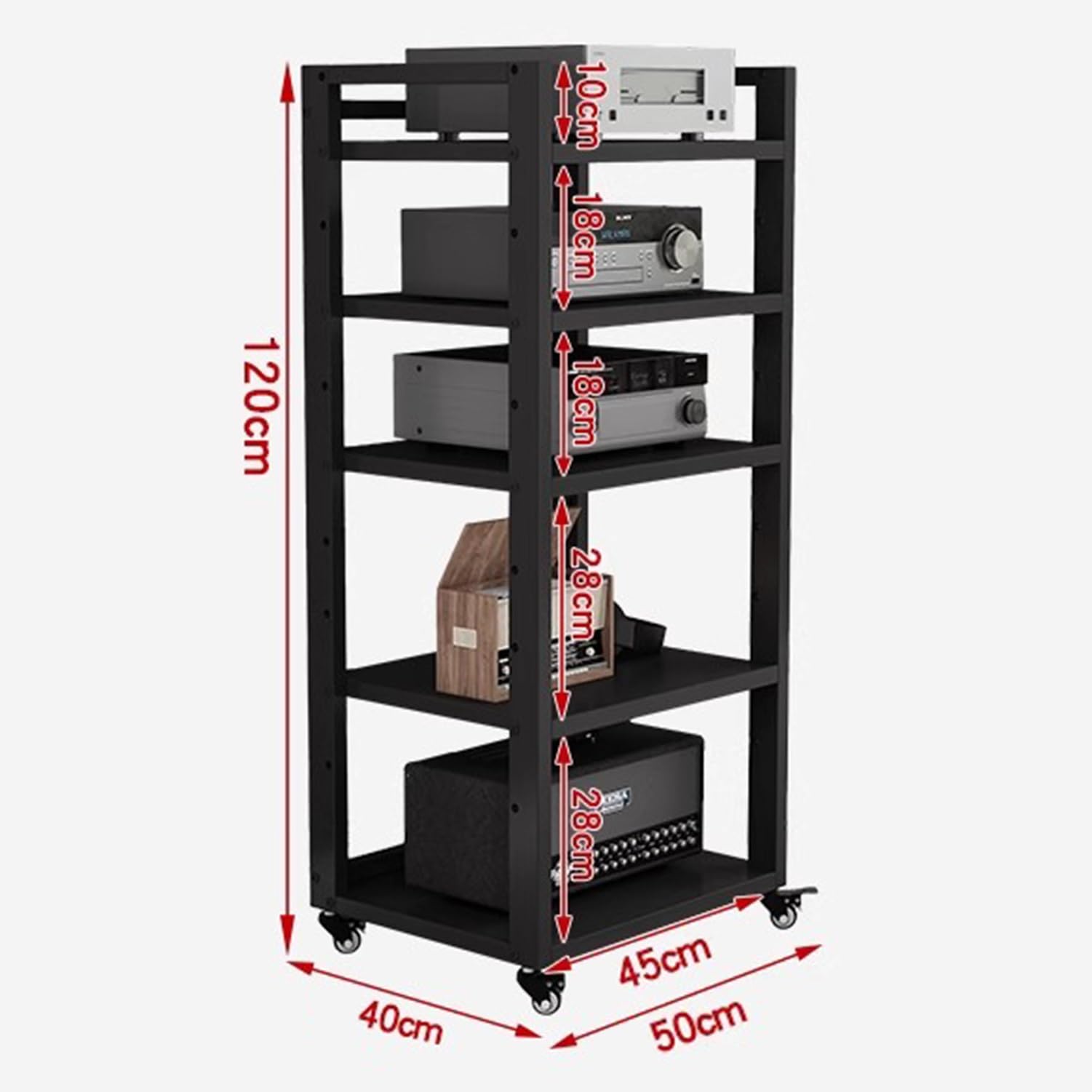 5-poziomowy stojak na sprzęt HiFi, stojak na gramofon z kółkami i regulowanymi półkami, wolnostojący, ruchomy stojak na sprzęt audio do sal gier, studiów nagraniowych (kolor tekowy, 50 x 40 x 120
