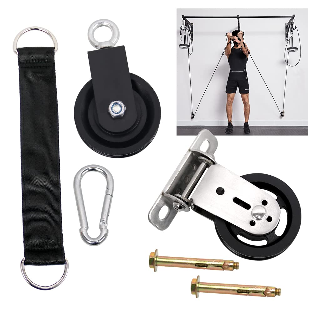 Gym Pulley Blocks,Cable Pulley 3.54in/90mm Gym Wheel with Hanging Straps and Carabiner, 3.46in Wall Mount Fixed Pulley Wheel Rotation 180 Degree, DIY Fitness Pulley,Home Gym Equipment