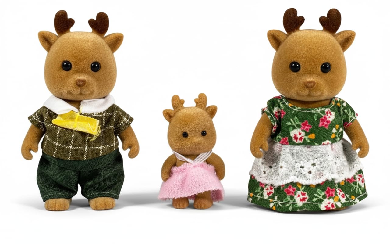Family Brown Deer Figures — Set of 3 Collectible Flocked Mini Dolls with Removable Clothe…