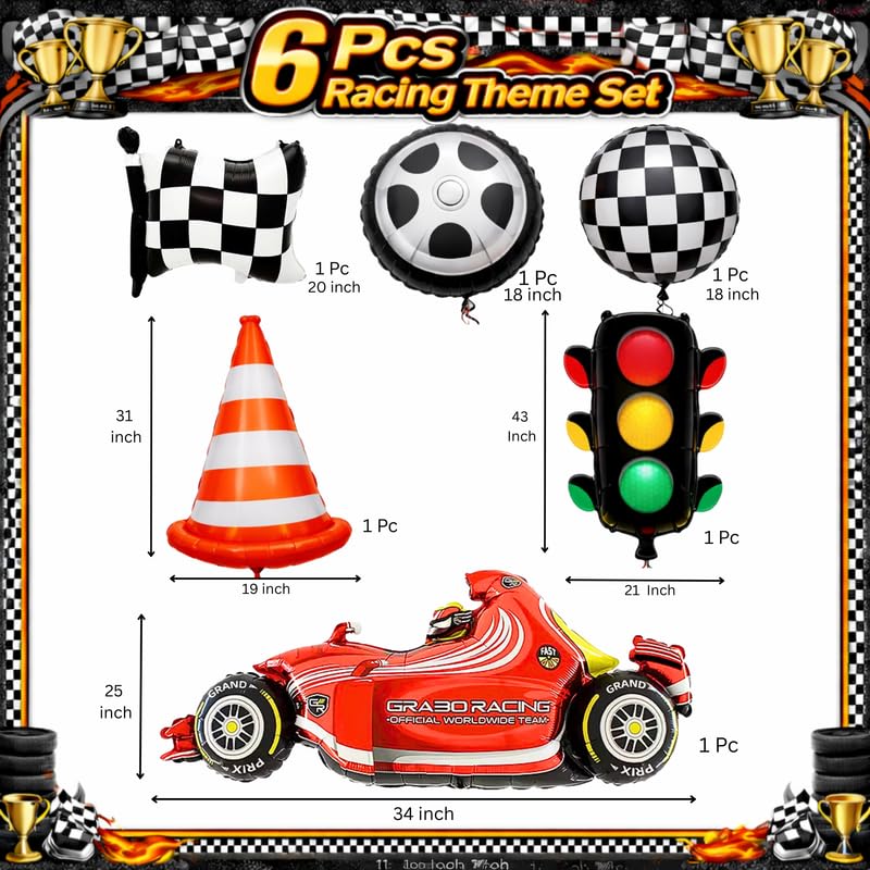 Image of Party Warehouse Racing Theme Foil Balloons Set|Car,Tyre,Traffic Light,Cone & Checkered Flag Balloons for Kids Birthday,Car Party, Formula Race Day & Motorsport Theme- XL Size-6 Pcs