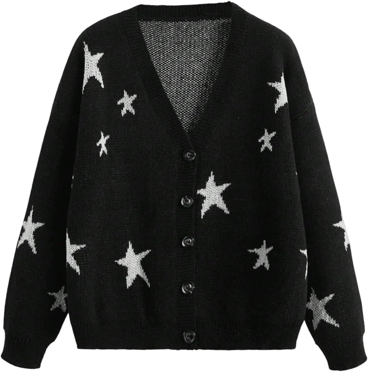 Women's Star Graphic Cardigan Sweater Grunge Punk Button Up Long Sleeve V Neck Knit Outerwear