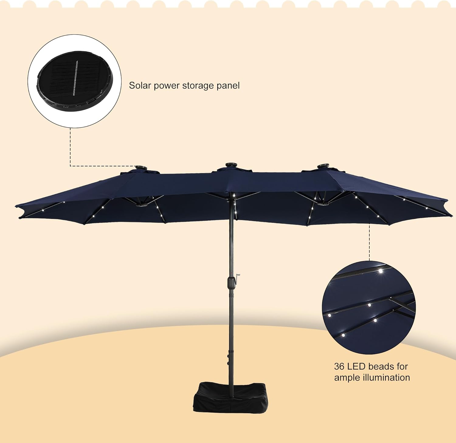 Clihome 15ft Patio Umbrella with Base Included and LED lights, Outdoor Market Extra Large Umbrella, Outdoor Patio Table Umbrella, Pool Umbrella For Deck, Pool, Garden, Lawn