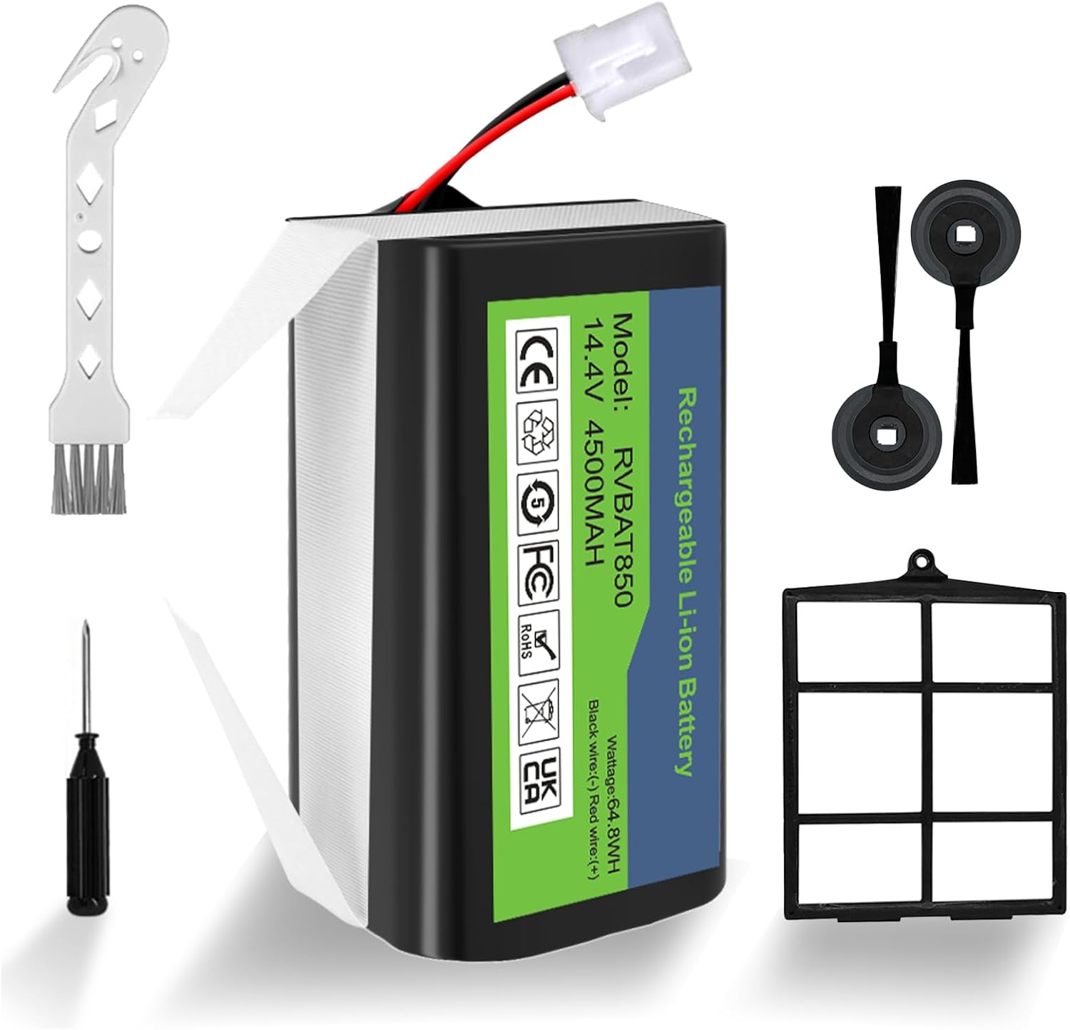 4500mAh RVBAT850 Battery for Shark Ion Robot RV1001AE, R75, R85, S87, RV751,RV1000,RV2001 RV2001WD,R3Z, R4Z Robot Vacuum Cleaners+Side Brushes*2+ Primary Filter*1;(2 Prong Plug)