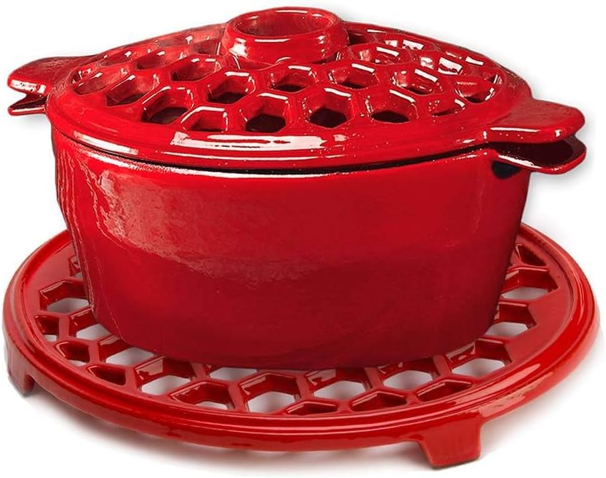 2.3 QT. Cast Iron Lattice Steamer And Trivet Set, in Red