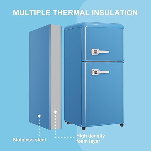 Miniatura 5 de Mini refrigerador para dormitorio, mini refrigerador de 3.2 pies cúbicos, refrigerador retro con puertas dobles ajustables y extraíbles, adecuado