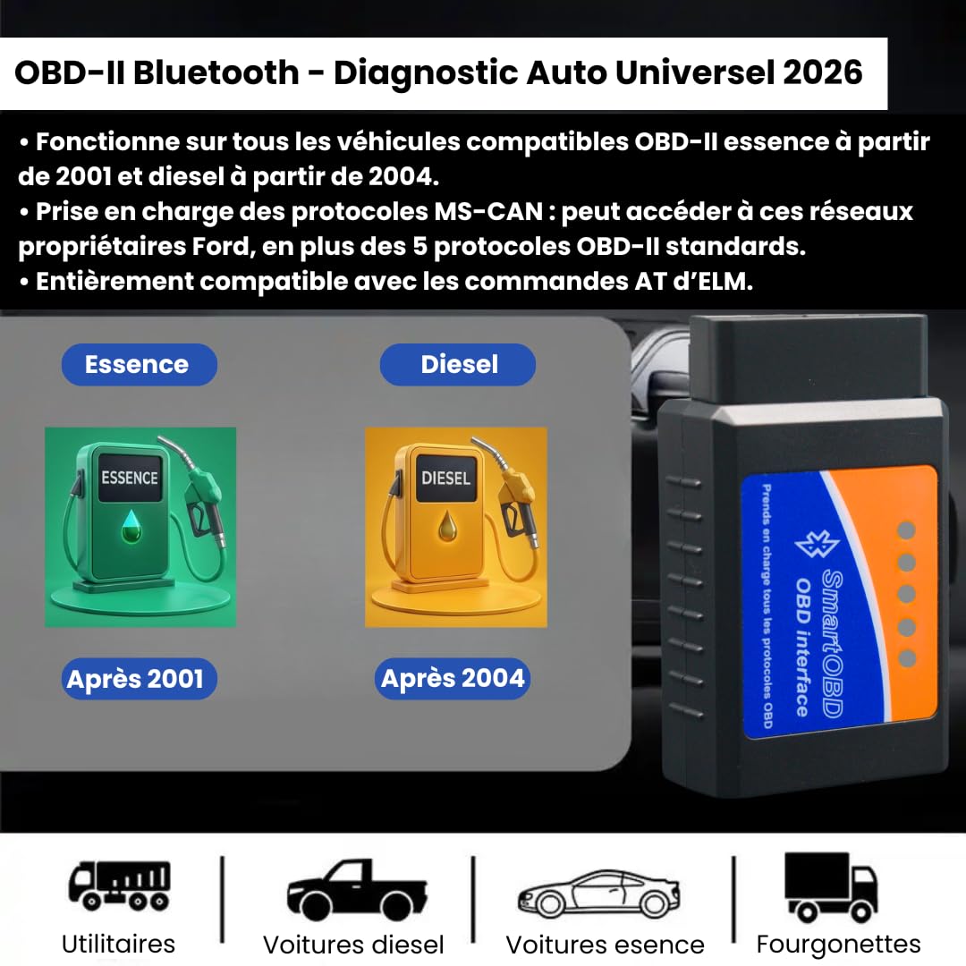 OBD Bluetooth - Diagnosi Auto OBD-II | Leggi e Cancella i Codici di Errore in 3 Minuti | Compatibile con Tutti i Veicoli | Scanner OBD - Assistenza 7 giorni su 7