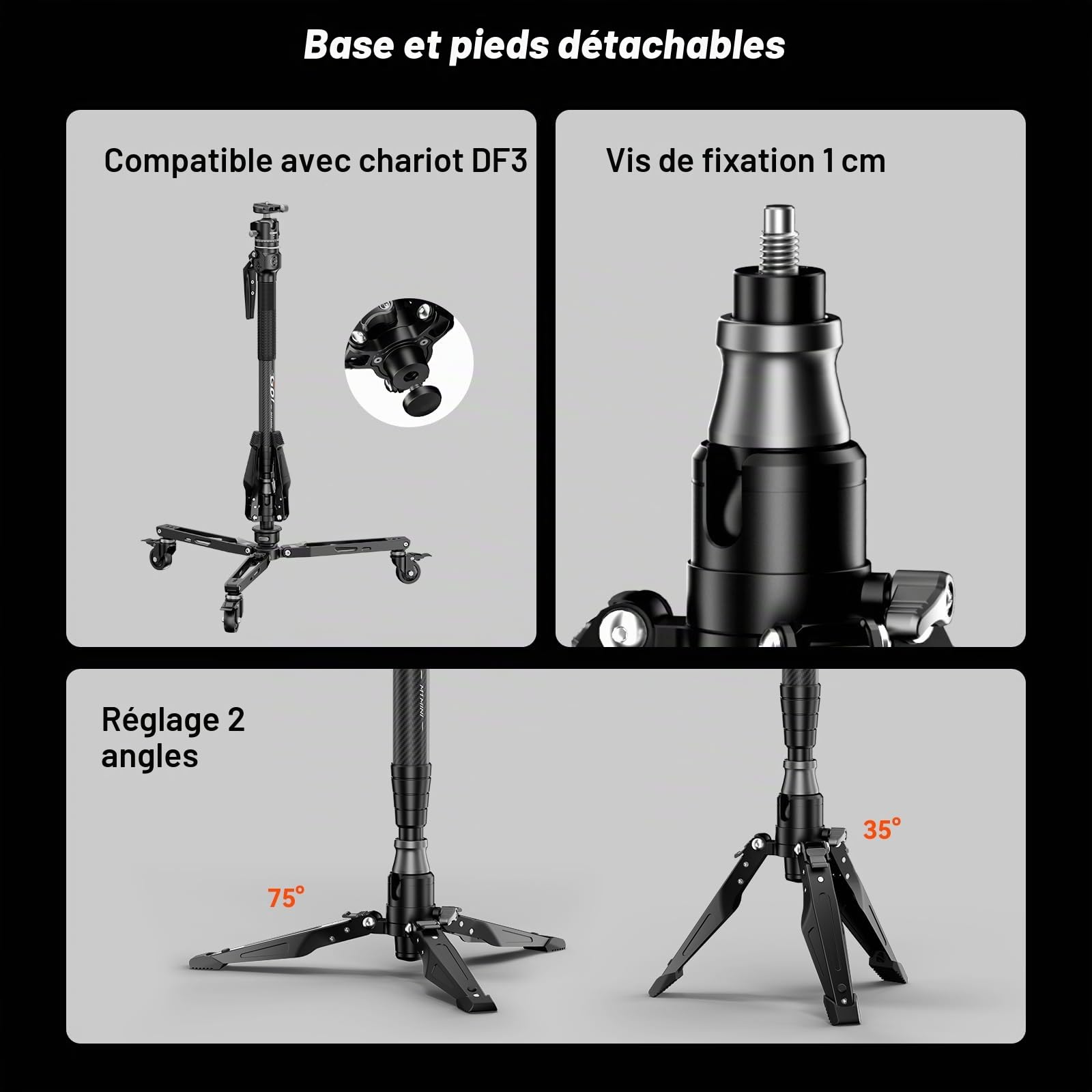 COMAN Monopode en Fibre de Carbone One-Touch est Un Monopode Léger pour Caméra de Voyage,Dispose de Pieds Inclinables avec Coque en Forme de U,tête Sphérique Capacité Maximale : 5kg