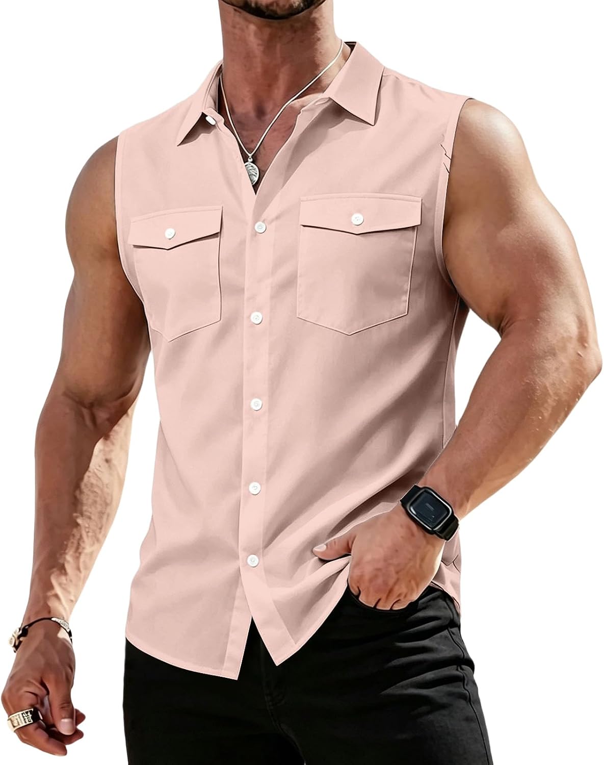 RTRDE Mens Sleeveless Button Down Shirts Lightweight Casual Summer Beach Dress Tank Top, S-3XL
