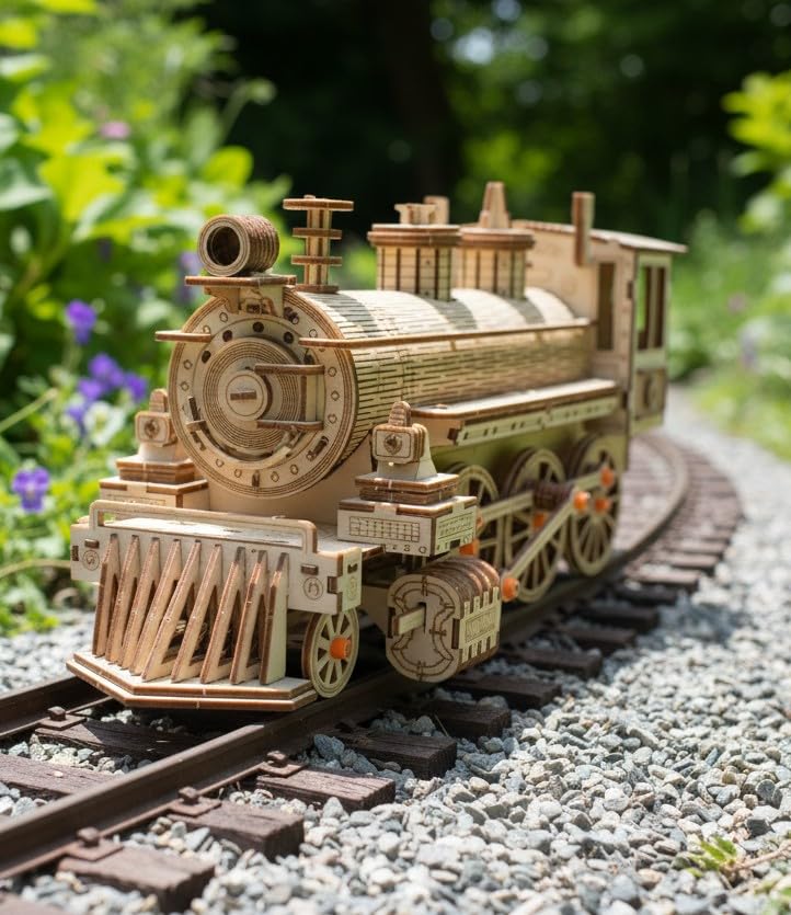 NiXiM 3D puzzle STEAM LOCOMOTIVE wooden 3D puzzle, spinning wheels with mechanism, openable back doors, openable front smokebox door, laser cutting technology, DIY wooden locomotive model