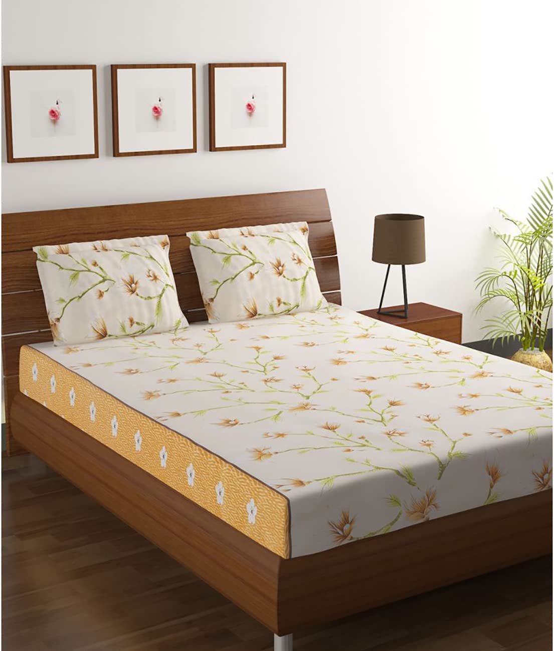 HOMETALES Cotton Floral Printed Bed Sheet with 2 Pillow Covers- Multicolor