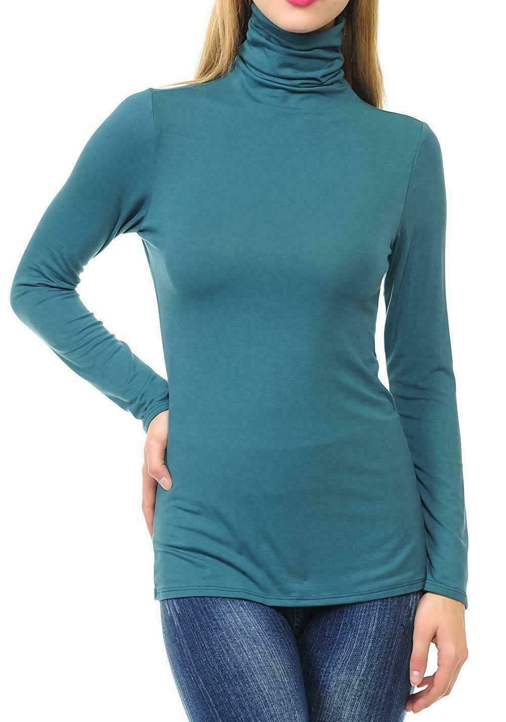 Ladies Women Basic Long Sleeve Plain Polo Turtle Neck Ladies Stretch Plus Size Top T Shirt (Teal, SM)