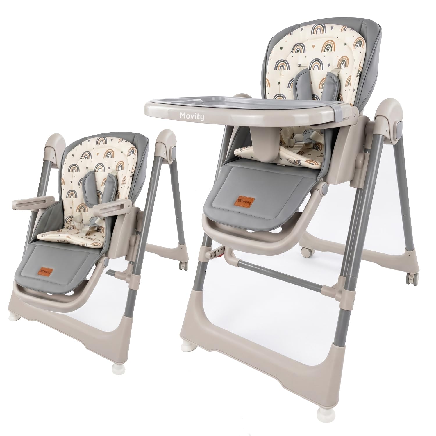 Twinly - Sdraietta e altalena multifunzione Movity - pieghevole, reclinabile e regolabile con imbracatura a 5 punti e vassoio rimovibile - 0m+ a 15 kg (grigio)