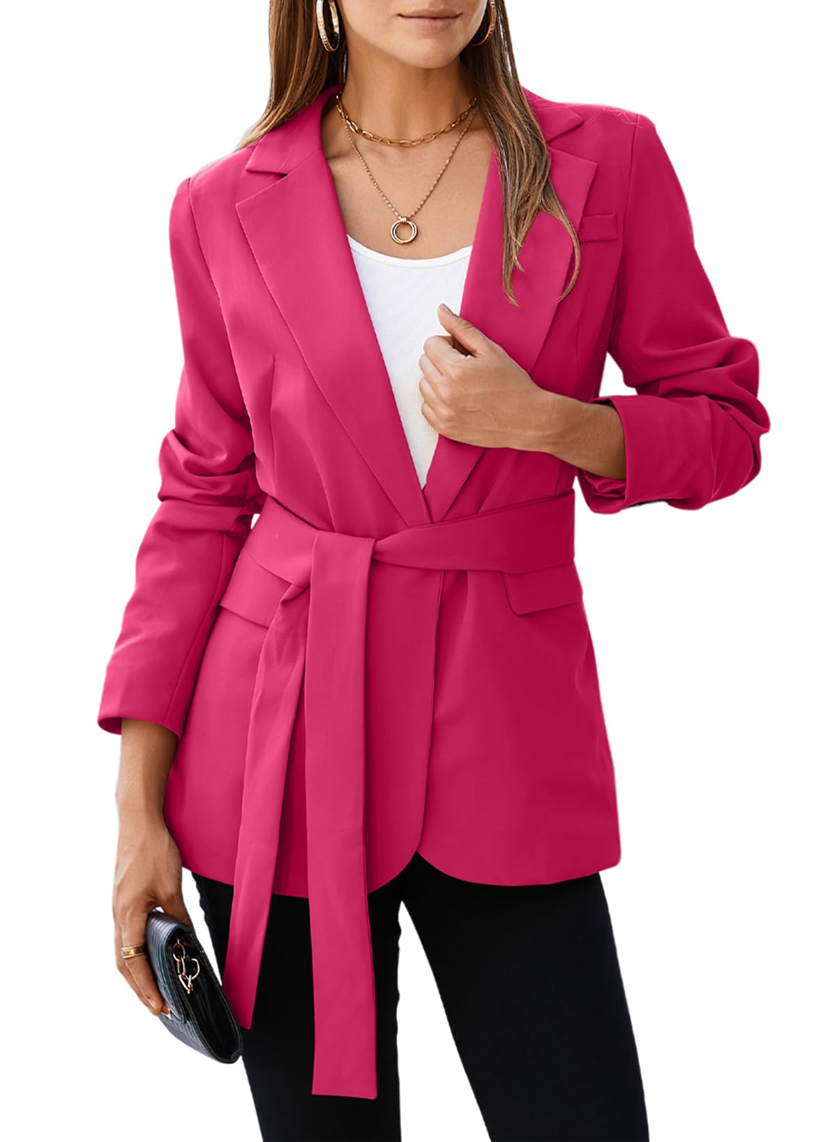 Happy Sailed Womens Fashion Belted Blazer 2024 Open Front Long Sleeve Office Blazer Jackets Bussiness Casual Work Suit