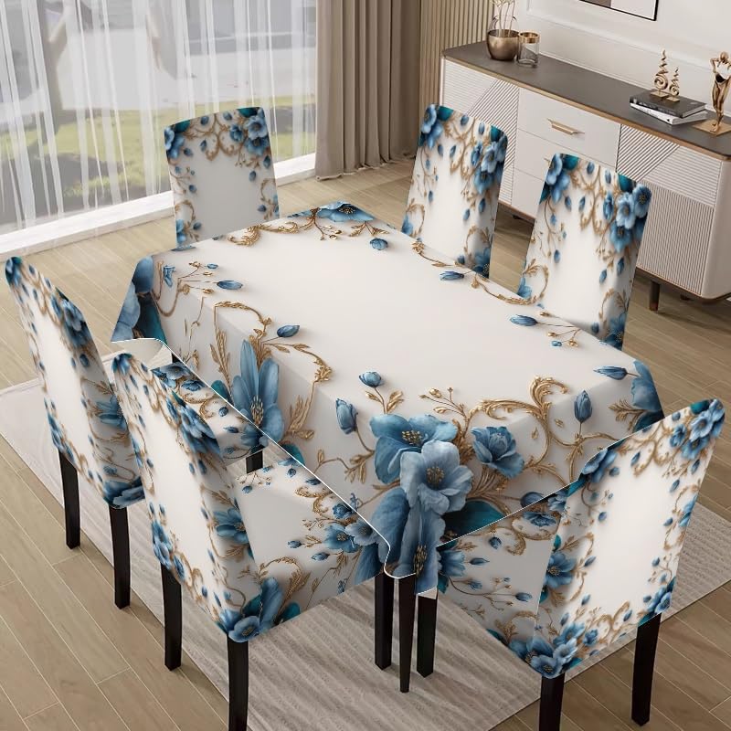 Nappe et housses de chaise ensemble salon deco interieur fleurie bleu et or