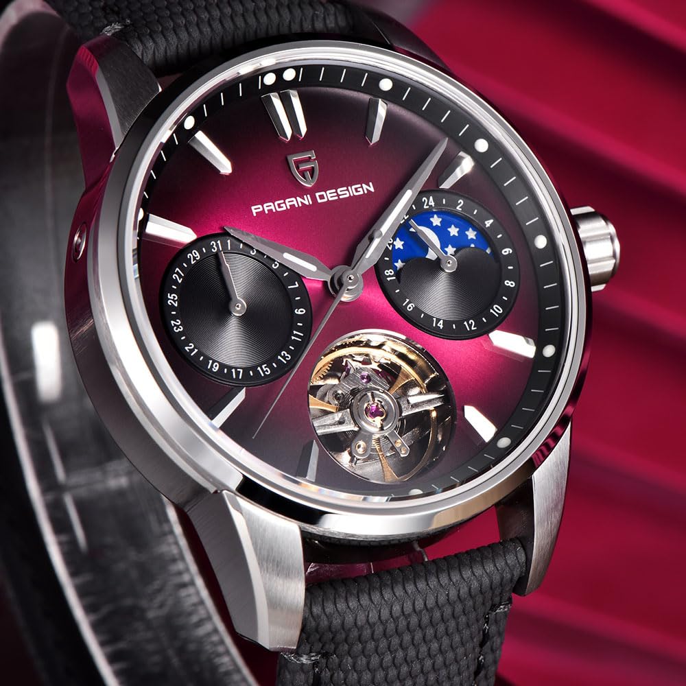 TYBERLEY Orologio da uomo automatico di lusso con scheletro Tourbillon fasi lunari in acciaio inox impermeabile 100 m cinturino in pelle orologio meccanico da uomo YS021