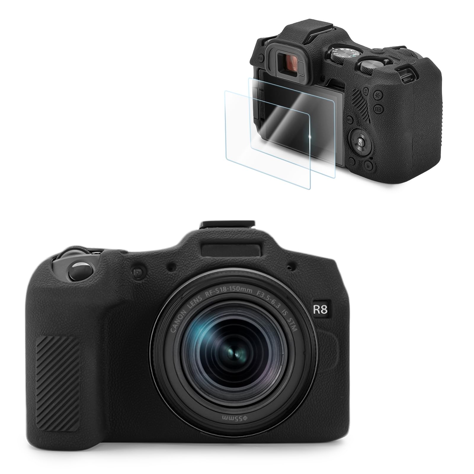 VOVMOEYA Camera Case for Canon EOS R8 with 2 LCD tempered films, Silicone, Soft Protective Lightweight, Enhanced grip