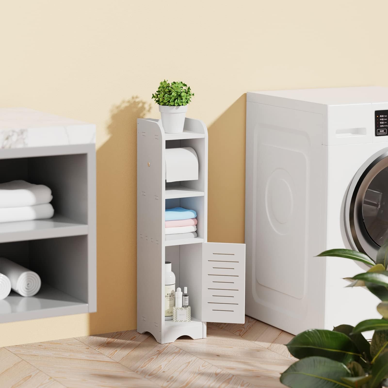 GAKOV Toilet Paper Storage,Small Bathroom Storage Cabinetfor Tiny Spaces,Toilet Paper Organizer for Small Space, Corner and Narrow,4-Tier Bathroom Organizer,White