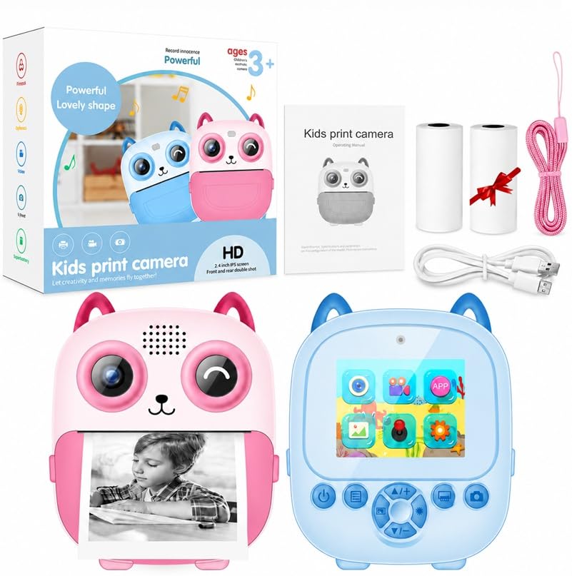 Image of TOYTONIC Instant Photo Camera for Kids with Print - Thermal Printer Toy with Non-Sticky Paper Rolls (1 in-Built + 1 Extra), 1080p Video, Games, Rechargeable - Gift to Boys & Girls Ages 6-12(Assorted)