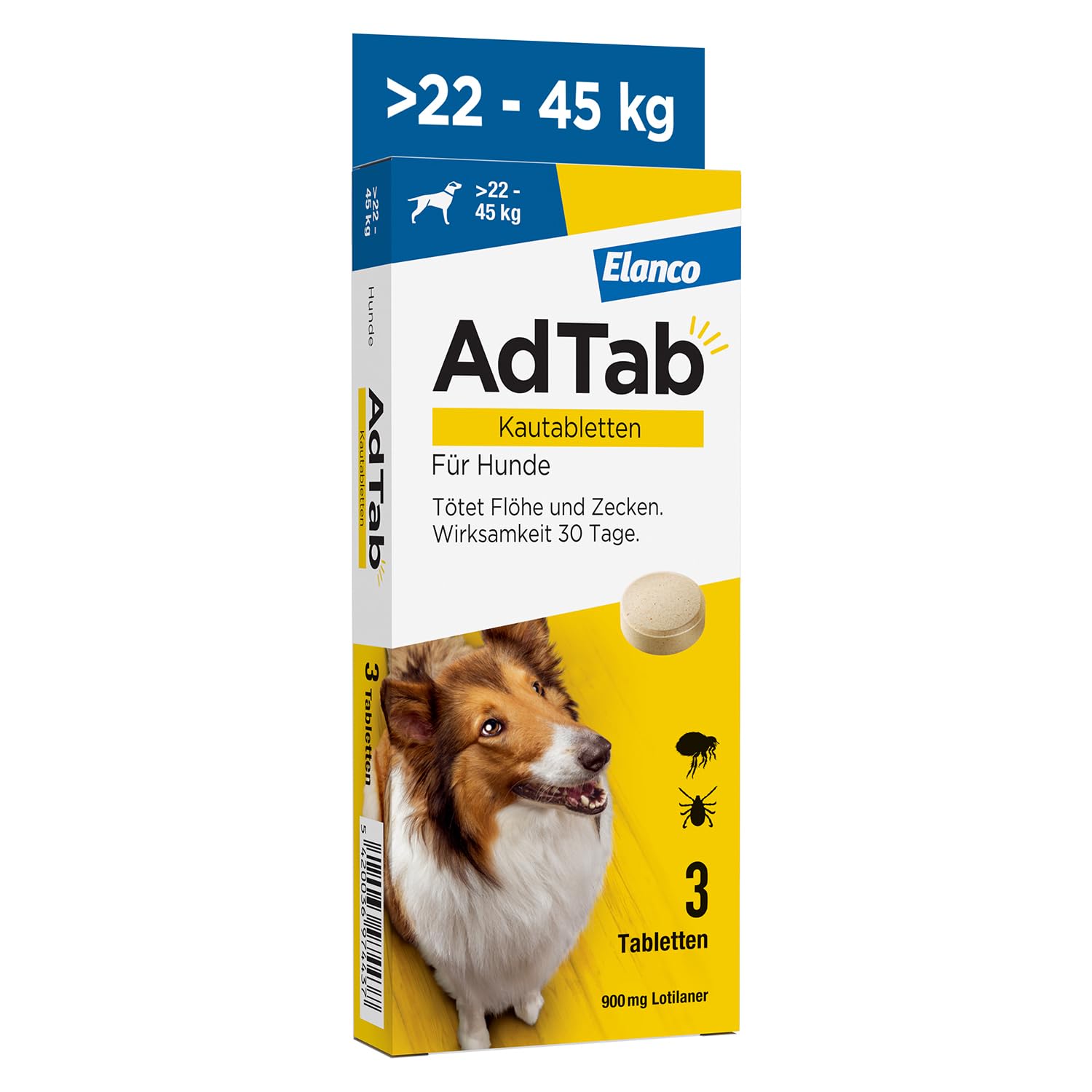 AdTab Hund 22-45 kg - Kautablette gegen Zecken und Flöhe, 3 Stück | Kleine Kautablette mit Rindfleischgeschmack. 3 Monate Zecken- & Flohschutz für deinen Hund, schnelle Wirkung & einfache Gabe.