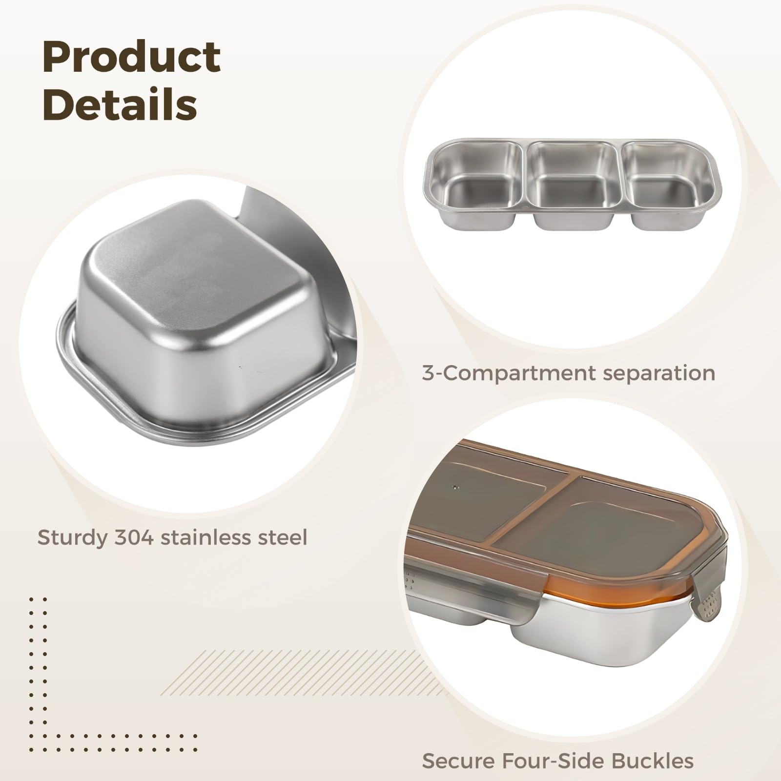 4 pcs Stainless Steel Lunch Boxes, Bento Box with 3 Compartments, Meal Prep Containers Reusable for Portion Control, Salad, Fitness, 10.6" x 4.3" x 2"