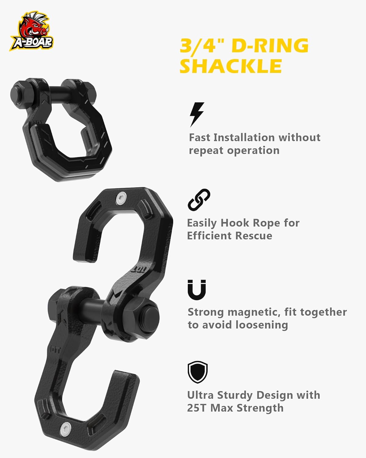 D-Ring Separate Shackles, 2Pack, 3/4" D-Ring Shackles 7/8" Pin, 57320lbs Breaking Strength, Heavy Duty Forged Steel, D-Ring Towing Winch Shackle for Recovery, Off-Road, BlackBlack - Image 2