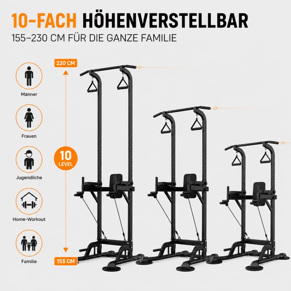 Power Tower 10-fach höhenverstellbar, Klimmzug- & Dip-Station bis 160 kg