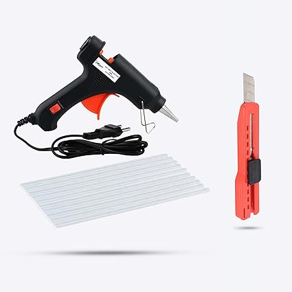 Hillgrove HGCM280M1 Electric 20W Hot Glue Gun With 10 Pcs Hot Melt Glue Stick and Utility Knife for Craft, Art, Decoration Work Standard Temperature Corded Glue Gun (7 mm)