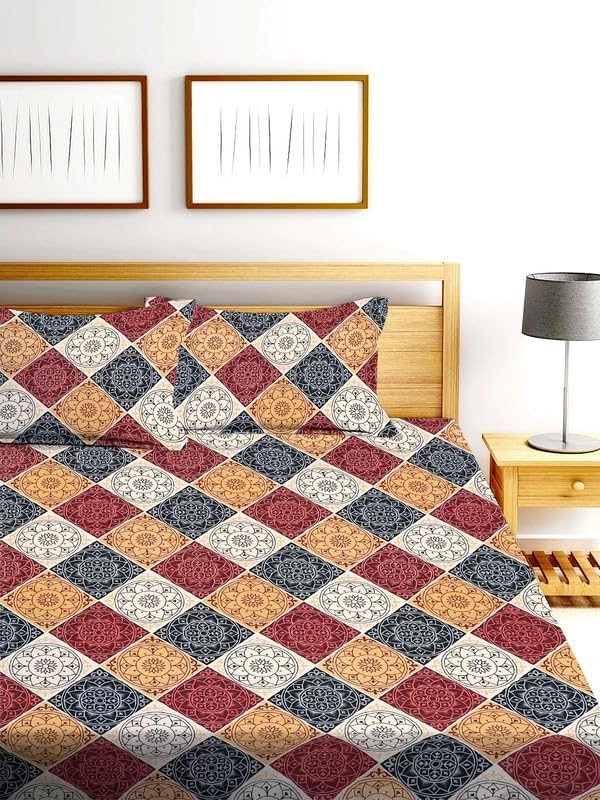 Image of Glace Cotton Flat Double Bedsheets with 2 Pillow Covers | Double Bed Breathable | Wrinklefree | Summer | Soft 200tc Supersoft | 90 x 90 inches, Maroon White