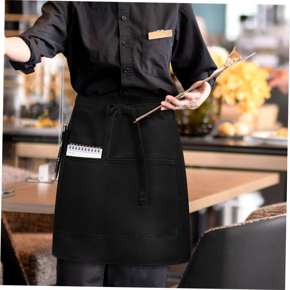 5pcs Waiter Apron with Multiple Pockets Short Half Waist Bistro Aprons for Servers Black Cotton Blend for Coffee Shops and Restaurants