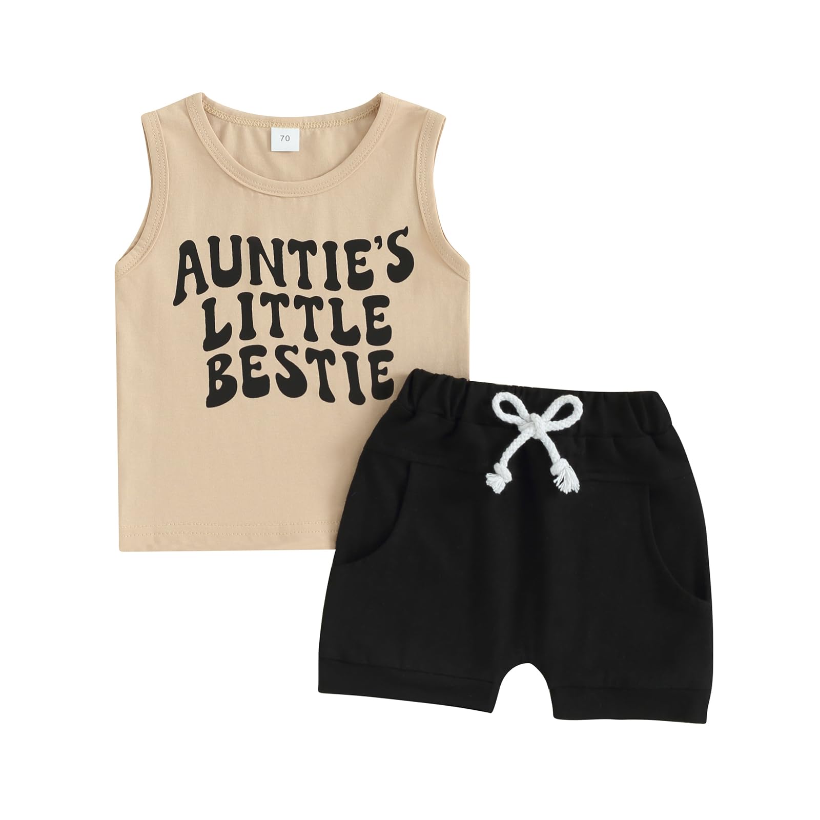 Aunties Bestie Baby Short Outfit Infant Boy Auntie Letter Vest Top Solid Active Jogger Shorts 2Pcs Summer Clothes (Khaki, 2-3 Years)
