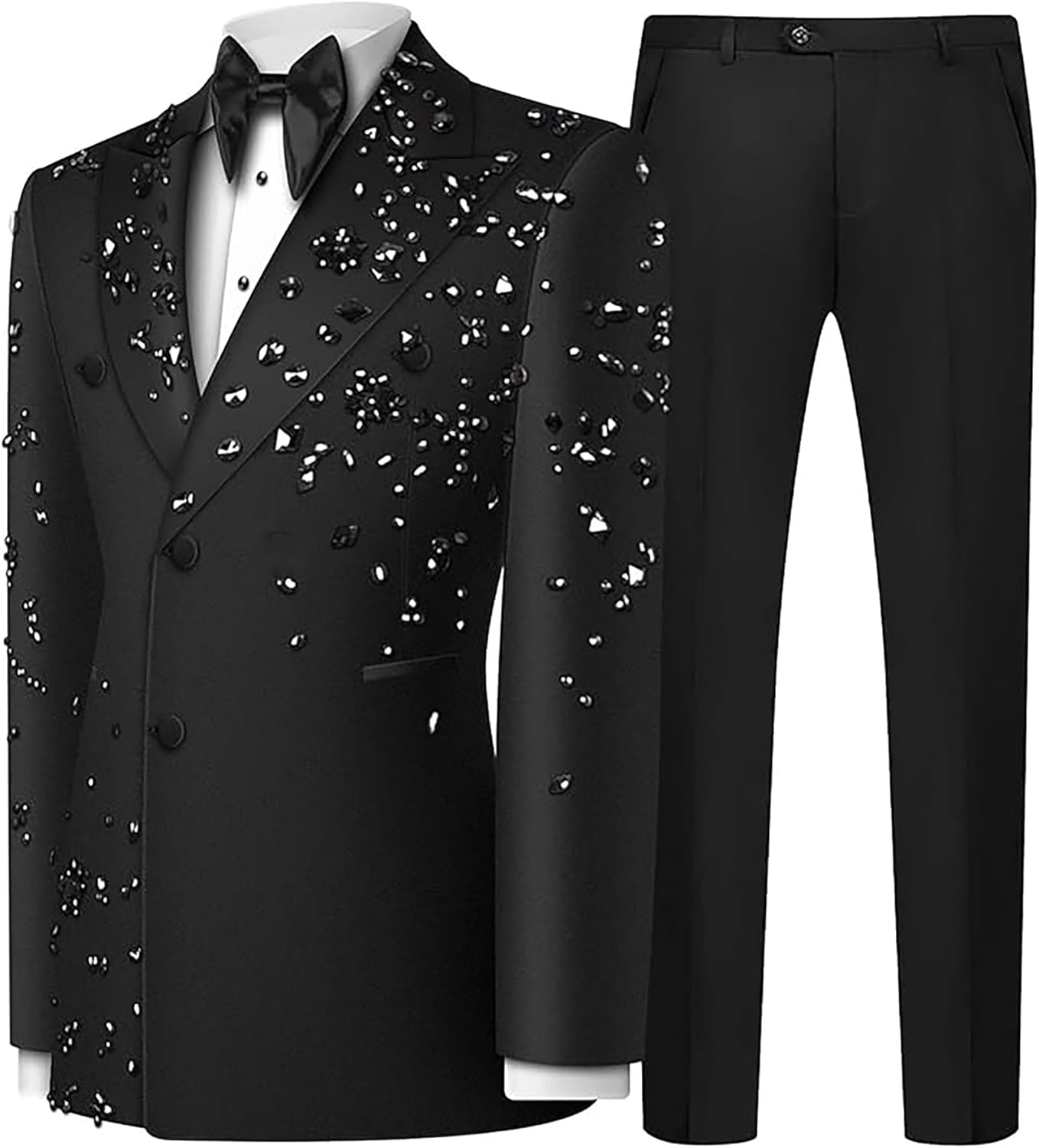 Men's Crystal-Embellished Tuxedo Suit Set, 2 Piece Formal Jacket with Pants and Bow Tie