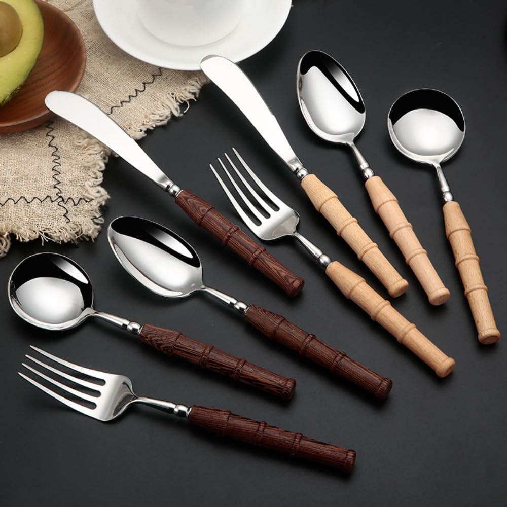 Vajilla de Cocina de Madera de Acero Inoxidable con Cubiertos, Incluye Cuchara, Cuchillo y Tenedor, Pulido Espejo (Color Claro, 16 Piezas)